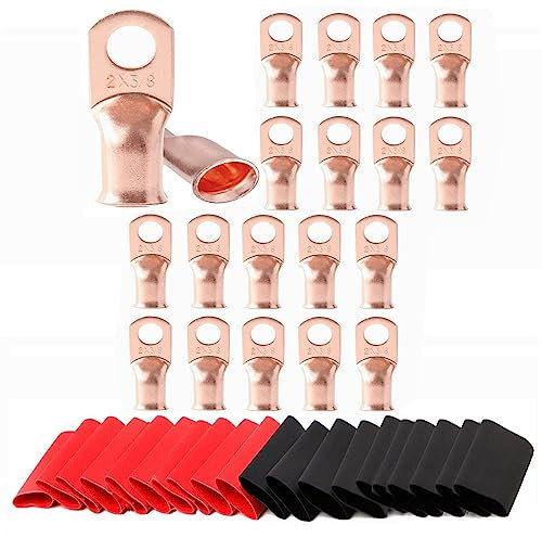 20pcs 2AWG-3/8Battery Lugs,Copper Wire Lugs,Heavy Duty Battery Cable Ends,Tubular Ring Terminals,AWG Crimp Wire Ring Lugs,Battery Terminal Connectors with 3:2 Heat Shrink Tubing
