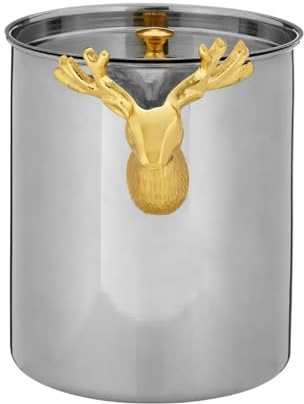 Acense Ice Bucket with Tongs, 2L Stainless Steel Ice Cube Bucket & Lid, Home Bar Accessory for Beer, Wine & Champagne, Double Walled Wine Cooler for Parties & BBQ's (Stag Head)