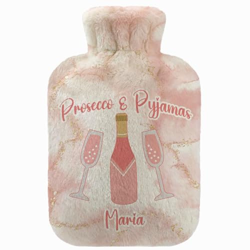 Personalisierte Wärmflasche mit Minky Pullover Bezug 2 Liter Bettflasche mit schönen Fleece-Druck Bezug Gummi Wärmflasche mit Deckel Prosecco & Pyjamas [092]