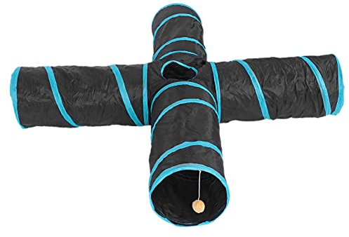 4 Wege Katzentunnel mit Aufbewahrungstasche, Reißfestes Polyester, Zusammenklappbar und Tragbar, 2 Hängespielzeuge, für Katzen, Hunde, Kaninchen, Drinnen und Draußen