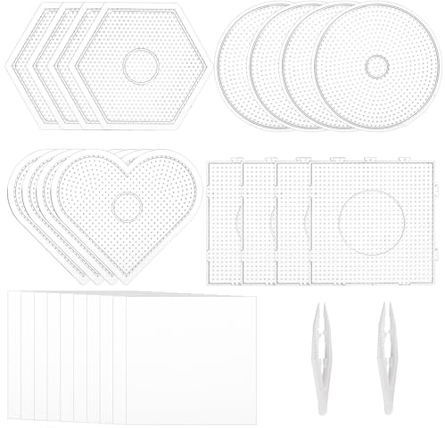 Suwimut 16 Pieces Fuse Beads Boards, 5mm Large Clear Plastic Fuse Beads Pegboards with 2 Beads Tweezers and 10 Ironing Paper DIY Craft Beads, 4 Shapes