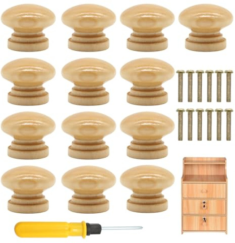 Kujinova 12 Pcs Wooden Door Knobs, Chest of Drawers, Cabinet Knobs with Screws for Furniture, Kitchen, Handles Chest of Drawers