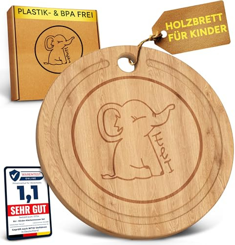 Eli® Frühstücksbrettchen für Kinder aus Holz mit Saftrille - Brettchen für Küche - Schneidebrett aus Buchenholz - Holzbrett - Vesperbrettchen - Zubehör für Kindermesser