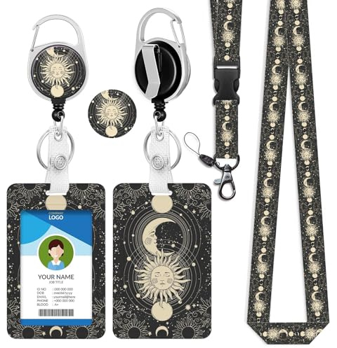 bolimoss Sonne und Mond Schlüsselband mit Kartenhalter für Hals, niedliches Ausweis-Umhängeband, einziehbarer Clip für Lehrer, Damen, Herren, Schlüsselkartenhalter, Spule