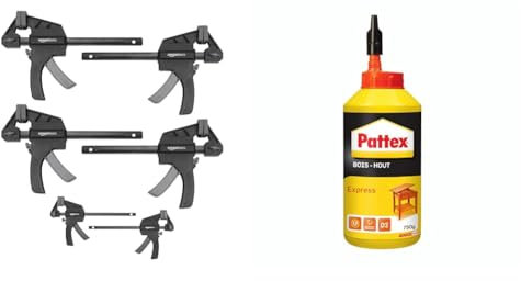 Amazon Basics Serre-joints une main Lot de 6-2 pièces 10,16 cm, 4 pièces 15,24 cm, Noir/Gris & Pattex | Colle Bois Express (biberon de 750 g) – Colle à bois transparente à séchage rapide