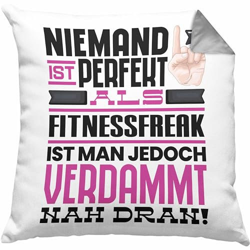 Trendation Fitnessfreak Geschenk Kissen mit Füllung 40x40 Lustige Geschenkidee für Fitnessfreak Geburtstag Niemand Ist Perfekt Aber Als Fitnessfreak Ist Man Nah Dran (Grau)