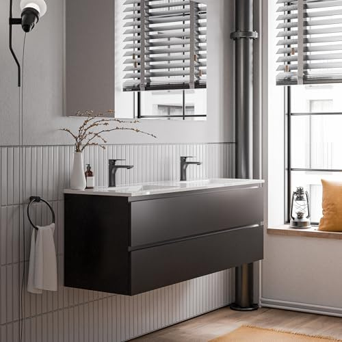 Bernstein Badmöbel-Set AVA 140cm, Waschbecken mit Unterschrank in Schwarz matt, Keramik-Waschbecken in Weiß glänzend mit Hahnlöcher, Ideal für große Bäder