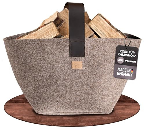 Designer Kaminholzkorb Filz [40L] - Made in Germany Holzkorb für Kaminholz aus Wollfilz mit Echtlederhenkel - Feuerholzkorb standfest und stabil (Beige - 40L)
