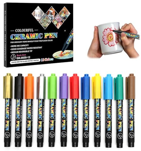 RANJIMA Porzellanstifte Spülmaschinenfest 12 Farben, Keramik Stifte zum Bemalen Set Wasserfester Glasmalstifte Keramikstifte für Zeichnungsmuster und Designkreationen auf Porzellan Tassen und Glas