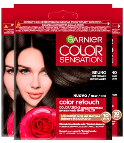 Garnier Color Sensation Color Retouch Coloration Permanente pour Racines Couverture 100% Cheveux Blancs Application Facile Teinte Brun – Lot de 3