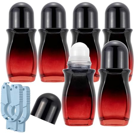 Rowiz 50 ml Glass Roller Bottle 6Pack Gradient Red Deodorant Roller Bottle with Plastic Rollerball Refillable Roller Ball Deodorant Container for Essential Oils, Perfume (Black Lid & 2pcs Openers)