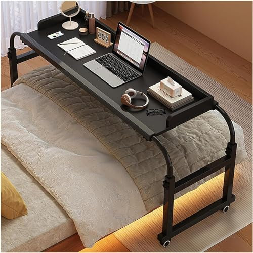 Table de lit réglable en hauteur avec roulettes pour lit jumeau/double/grand lit/très grand lit, poste de travail debout avec plateau de nourriture, table médicale (noir)