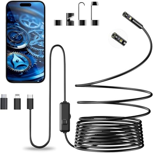 Vexloria Endoskopkamera mit Licht, 1920P HD Dual Lens Endoskop, Ip68 Wasserdichte Kein WLAN Erforderlich Inspektionskamera mit 8 LED Licht, Endoskop-Kamera Handy für Android, iOS & Tablet, Halbstarrem