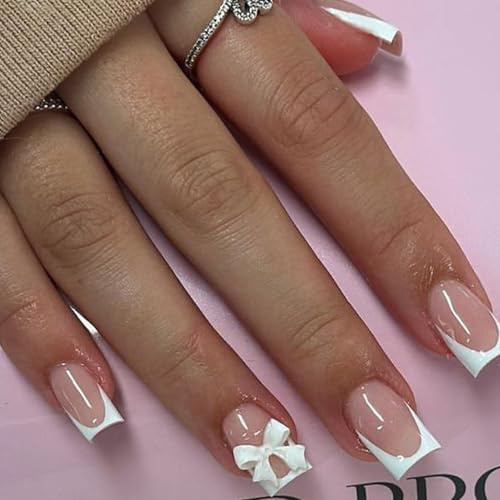Ceboic 24 Stück Rosa Weiß French Press on Nails Kurz, Square Nägel zum Aufkleben Full Cover Kunstnägel Natürlich Künstliche Nägel mit Schleife, Wiederverwendbar Acryl Fingernägel Fake Nails für Frauen