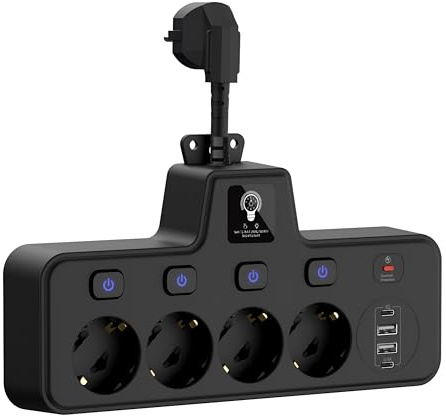 WEITINX Multipresa a 4 slot con 2 porte USB, commutabile individuale, protezione contro le sovratensioni, colore nero
