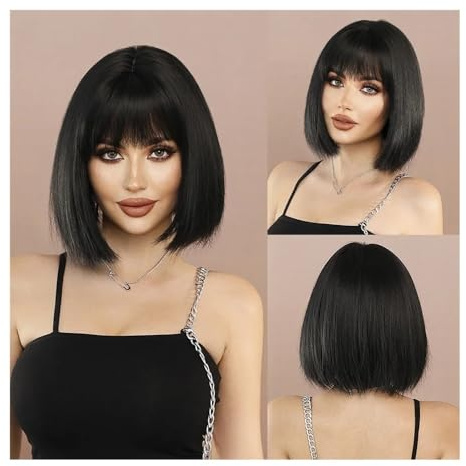 ZYDLMBJL Perücken Echthaar, Modische Kurze Blonde Perücke mit glattem Haar for Damen, tägliche Cosplay-Perücke, Highlight weiße Perücken(Black)