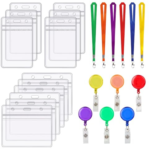 Porta Tarjetas Identificativas, 12 Piezas Porte Credencial de PVC Transparente con 6 Cordón para el Cuello Colorido y 6 Colorido Portatarjetas Retractil, para ID Card, Estudiantes, Empleados