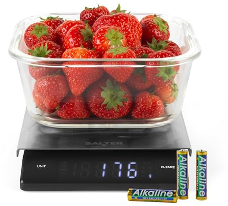 Salter Bilancia da Cucina con Display Angolato – Pesatura Alimenti, 5kg, Aquatronic/Misura Liquidi, Aggiungi & Pesa, Display LED Chiaro, Piattaforma in Acciaio Inossidabile, Compatta/Precisa, Nera
