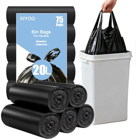 XIYOO Pedal Bin Bags 20L Bin Liners with Tie Handle 75 Counts Black Heavy-Duty Rubbish Bags Strong Plastic Trash Bags fit 15-18L Waste Bin