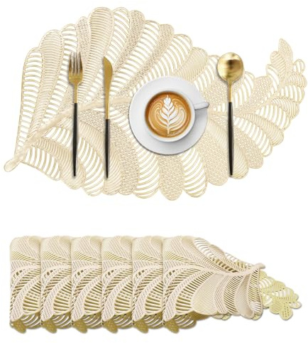 Komforbaa Salvamanteles en Forma de Hoja Lavables, Juego de 6 Manteles Individuales de PVC, Resistentes al Calor para Decoración de Mesa, Cocina, Juego de Mesa Lavable y Antideslizante Oro