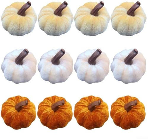 12 sammetspumpor med mjuk sammetsfinish och hartsstjälkar, dekorativa för höstpumpor för halloween och Thanksgiving inomhusarrangemang