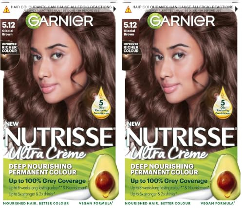 Garnier Nutrisse Ultra Crème Vegan Hair Dye, 5.12 Glacial Brown. Offers 100% grey coverage and cool, sophisticated 8-week colour. This no-ammonia, vegan formula cares for your hair while coloring.