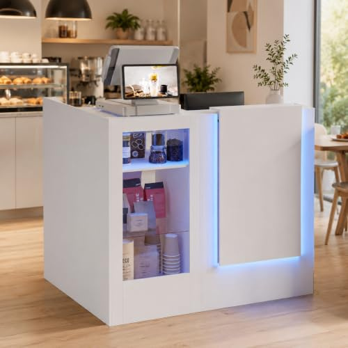 Caldion Moderne Empfangstheke mit LED-Beleuchtung mit Tatsaturschublade Rezeptionstheke aus gehärtetem Glas,Empfangstisch L-Form Weiß 120x100x103cm