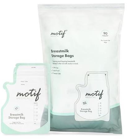 Motif Medical Breastmilk Storage Bags - Freezer Bag w/Easy Pour Spout, Write-On Label - Leak-Proof Double Zipper Milk Bags for Breastmilk - Ideal Breastfeeding Mom Gifts (6 oz, 90 Count)