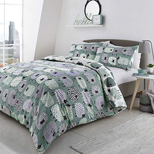 Fusion Bedlam Dotty Sheep Duvet Cover – Double Size 200 x 200cm – Reversible Farm Animal Bedding – Duck Egg Blue – Woolly Lamb Print – 2 Pillowcases – Gifts for Animal Lovers