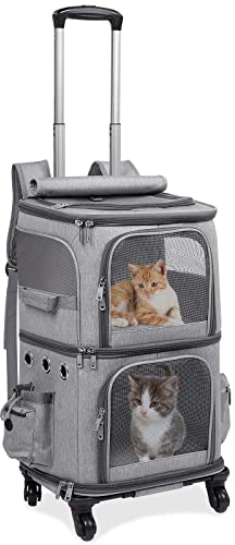 HOVONO Doppelfach Haustier Tragetasche Rucksack mit Rollen für kleine Katzen und Hunde, Katzenrolltasche für 2 Katzen, perfekt für Reisen/Spaziergang/Ausflüge zum Tierarzt, Grau