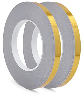 2 Rollen 10mm x 50m Keramikfliesen Zierleiste Selbstklebend, Dichtungsbänder Wasserdicht Schönheitsnaht Zierleisten, Metallisiert Polyester Mylar Folienband für Decken Wände Türen Ziernähte (Gold)