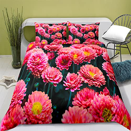 NDXRWDZR Bettwäsche 200x220 Rote Chrysantheme Bettwäsche-Set mit Reißverschluss Schließung Bettbezug für Erwachsene Kinder Weicher Atmungsaktive Mikrofaser Bettwäsche + 2 Kopfkissenbezug 80x80 cm