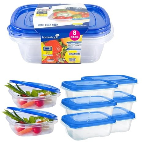 HOMESHOPA Food Storage Containers with Blue Lid 750ml, 8 Pack Rectangular BPA Free Plastic Containers with Airtight Lids, Reusable, Stackable, Nestable Meal Prep Boxes