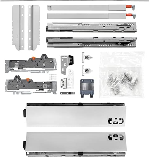 BLUM Schubladenschienen TANDEM SET; Zargenhöhe 83mm inkl. Reling 227mm, mit TIP-ON BLUMOTION, 65kg, NL650mm, grau, bis max. KB1400mm
