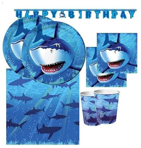 Kit n.13 Squali Shark Splash coordinato festa compleanno per 24 persone stoviglie ideali per feste a tema compleanno bambini mare oceano animali marini