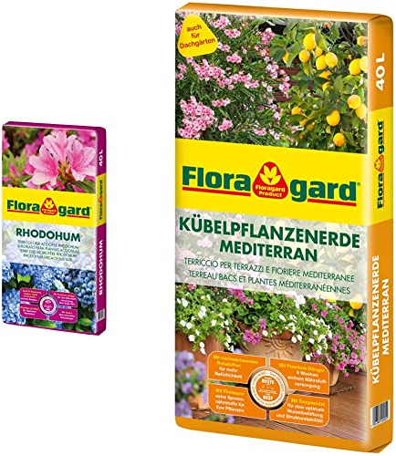 Floragard Rhodohum 40 L • Spezialerde • für Rohododendron, Azaleen & Kübelpflanzenerde mediterran 40 L - Spezialerde für große Kübel, Zitruspflanzen, Oleander, Oliven - auch für Dachgärten