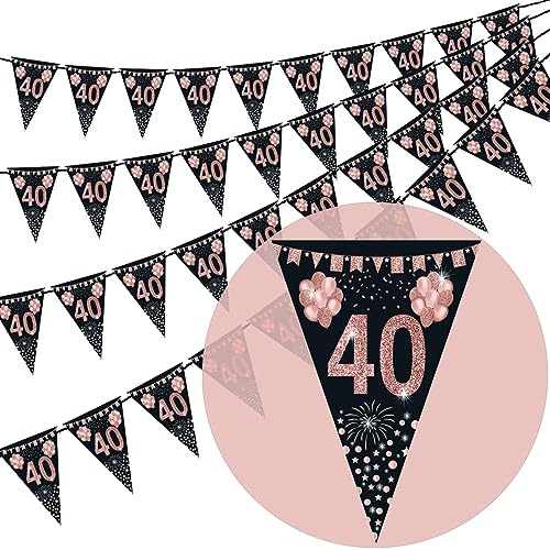 Wimpelkette zum 40. Geburtstag, Happy Banner Wimpelkette, 40 Stück, Dreieck, Roségold, Glitzer, Diamant nach Zahlen, 40. Geburtstag, Jahrestag, Mottoparty, Dekoration, Zubehör
