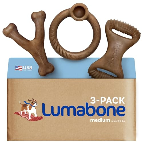 Lumabone Real Bacon 3-Pack Dog Toys for Aggressive Chewers,Wishbone, Dental Chew, Ring Bacon Medium
