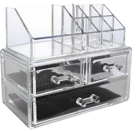 Kvota Make-Up Organizer, Aufbewahrungsbox für Kosmetik aus Acryl und Kunststoff, transparent. Maße 16x19x12 cm, Kosmetikorganizer mit Schubladen für Zuhause. Perfekt als Geschenkidee.