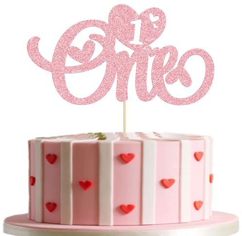 Gyufise 1Pc One Cake Topper Glitter Sweet Heart Valentine's Day 1st Birthday Cake Decorations for Wedding Anniversary Valentine's Day Baby Shower First Birthday Party Supplies Pink