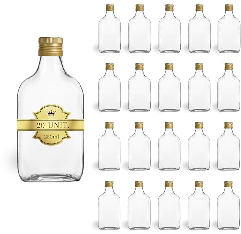 Espirito Rebelde 20 Bouteilles en Verre 250ml Style Flasque à Alcool avec Bouchon a Vis Doré | Flacon pour Whiskey, Rhum, Liqueur | Fioles de Poche pour Boissons Spiritueuses