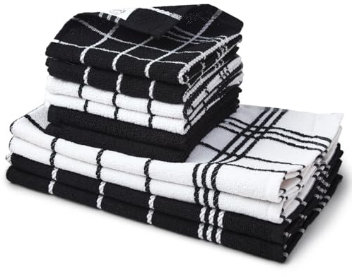 Encasa XO Geschirrtücher aus Baumwolle | Frottee-Handtuch-Set | Schwarze Kombination Hochsaugfähig | 30x30 cm und 40x60 cm | Vielseitig einsetzbar zum Geschirrspülen und Reinigen | Schwarze Kombi-Frottee, Schnelltrocknend, maschinenwaschbar, Mehrzweckreinigung, 5er Pack