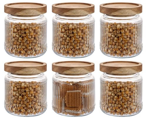 GBACHOOSE 6 Pcs Ribbed Glass Jar with Wooden Lid, 500ml Ribbed Storage Container, Airtight Glass Jar Set for Home Kitchen for Spice, Tea, Sugar, Coffee, Grains, Herbs, Flour