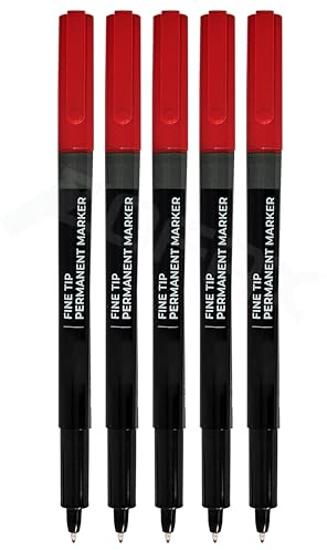CAMMAR Permanent Marker Pens, RED, Fine Tip, Pack of 5, CD-DVD Marker Pens, UV Resistant Ink, Writes Most Surfaces, Waterproof Ink, iZOFAX Black Ball Pen