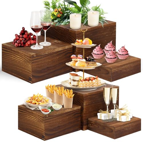 LEIFEOSH 6 Pack Wooden Risers Display Stands Rustic Wood Cake & Cupcake Stands for Party Square Food Risers for Buffet Wooden Crates for Display Home Decor