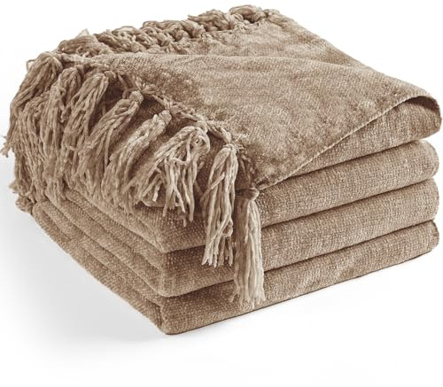 Long Create Chenille-Überwurfdecke für Couch, 127 x 152 cm, weich, gemütlich, Fransenüberwurf, Decke für Bett, Couch, Stuhl, dekorativ, leicht, Strickdecke, Geschenk, Taupe