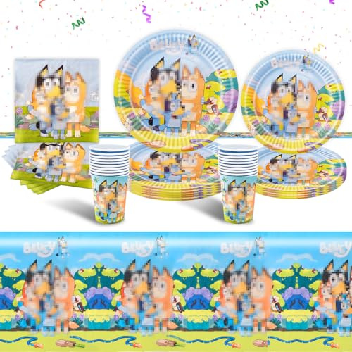 Party Tableware Set- 51Pcs Blue Children's Birthday Party Tableware Decoration Dog Cartoon Themed Party Supplies Plates, Cups, Napkins and Tablecloth for Kids Baby Showers Girls