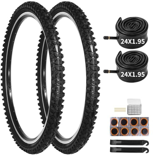 Schwalbe Fahrradreifen zoll 24x1.95, 2 Stück & Reifen-Reparaturset, 40mm Schrader Ventil, Gummireifen für Straßen & Schlammige Trails