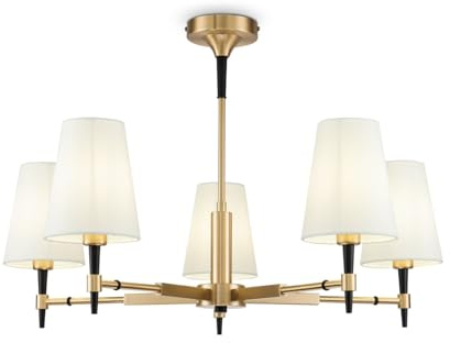 Licht-Erlebnisse Kronleuchter mit Schirm Metall Stoff E14 78 cm breit in Messing Weiß 5-flammig Modern Deckenleuchte Wohnzimmer Lüster Deckenlampe Esstisch