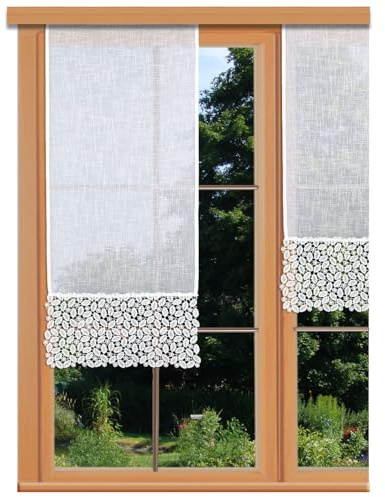 Flächenvorhang Carmelita mit Vogtländischer Spitze weiß | Landhaus-Flächengardine in Käseleinenoptik | Schiebepaneele mit moderner Stickerei handgefertigt | Schiebegardine Höhe x Breite 95 x 40 cm